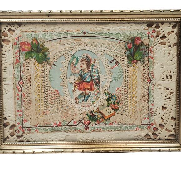 Handmade Lace Card with Die Cut Cupid and Frame Valentines Day Vintage - Picture 2 of 12